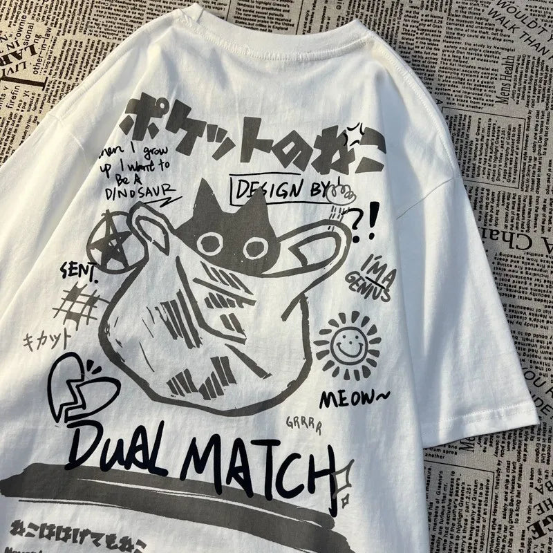 Camiseta de manga curta estampada com desenho de gato retrô