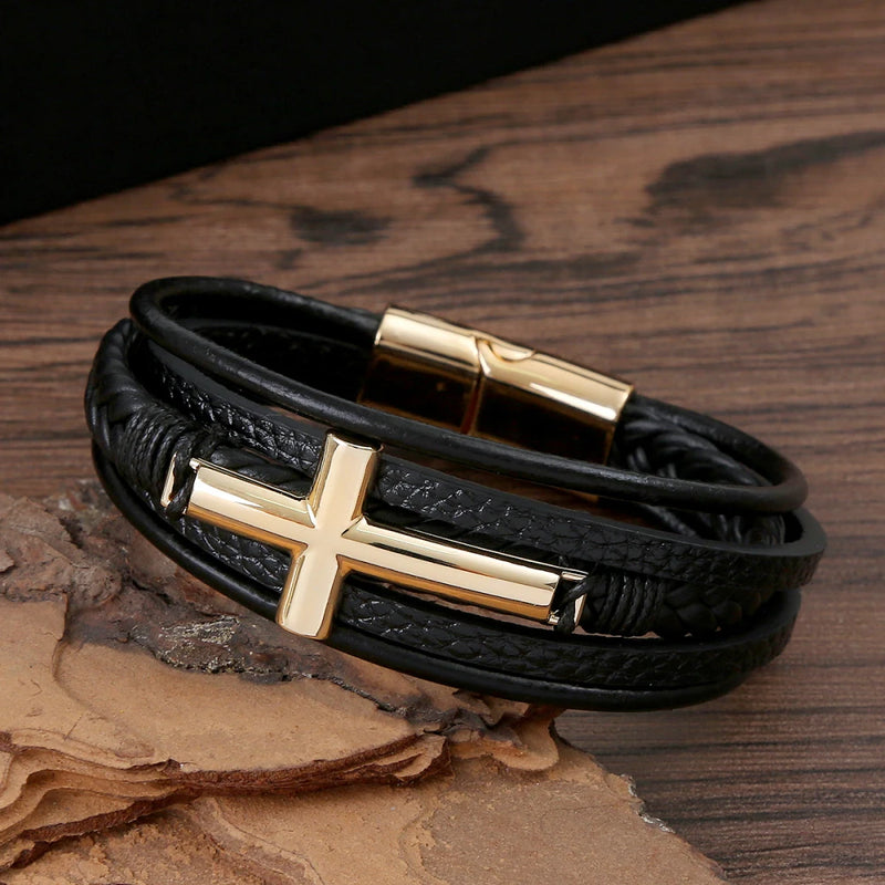 Pulseira Masculina de Couro Trançado – Estilo Punk com Cruz Preta Decorativa e Fecho Magnético