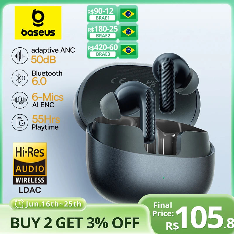 Fones de Ouvido Baseus EP10 Pro ANC Bluetooth 6.0 – Cancelamento de Ruído Ativo 50dB | 6 Microfones, Áudio Hi-Res LDAC, IP55