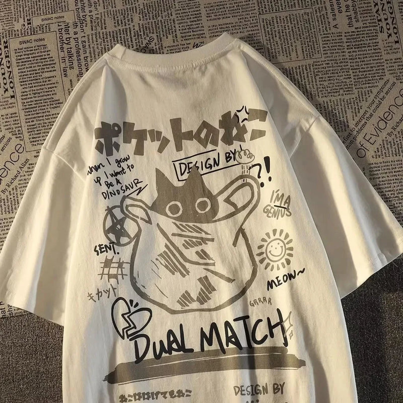 Camiseta de manga curta estampada com desenho de gato retrô