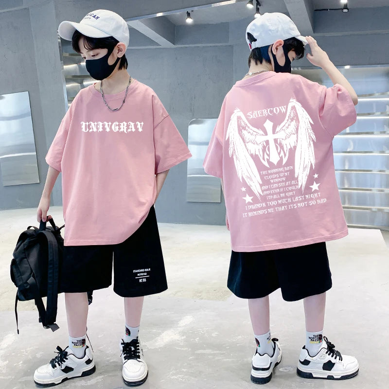 Camiseta Infantil 100% Algodão para o Verão – Nova Coleção 2025 para Meninos | Estilo Street Americano Vintage Estampada de Manga Curta | Casual, Moderna e na Moda