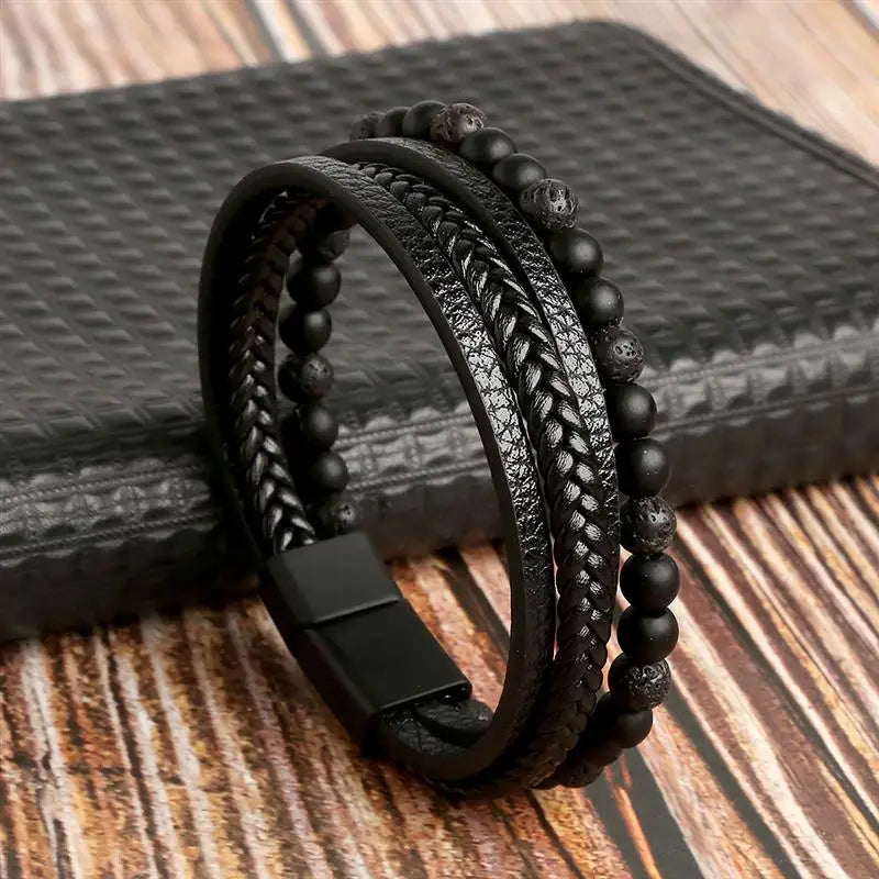 Pulseira Masculina de Couro Trançado – Estilo Punk com Cruz Preta Decorativa e Fecho Magnético